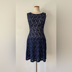 En Focus Studio Lace Overlay Sleeveless Navy Dress Back Cutouts Size 6